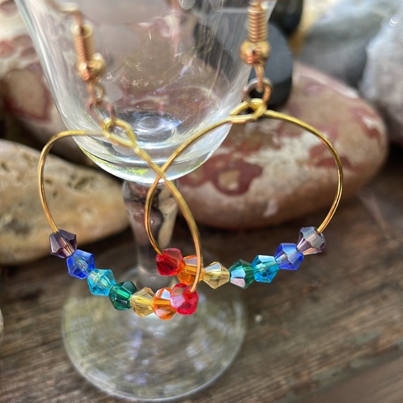 Handmade Chakra Coloured Crystal Beads on Goldtone Hoops & Hypoallergenic Hooks - Picture 2 of 3